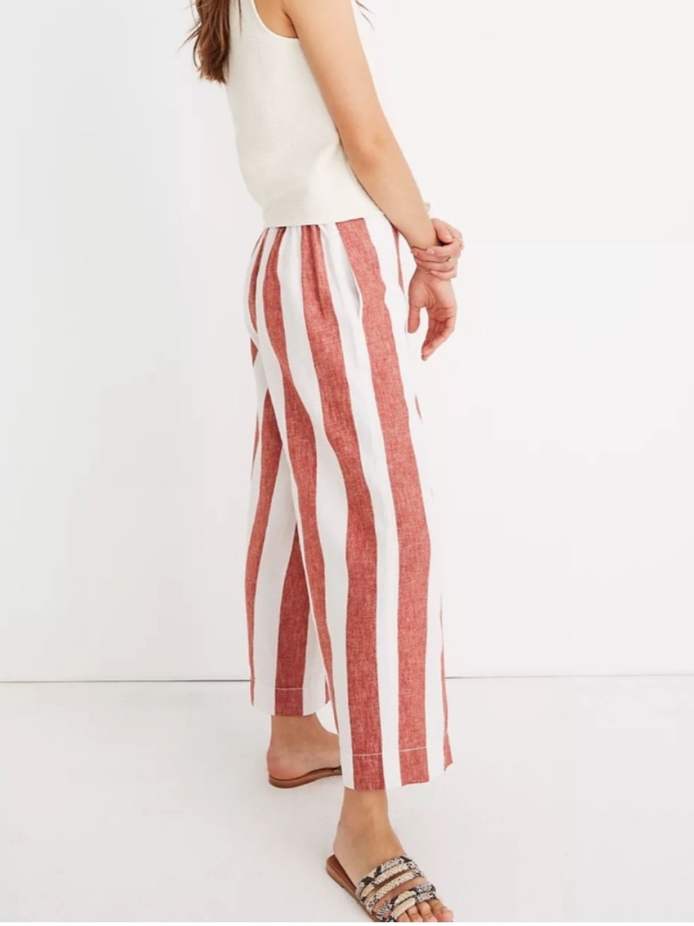 Madewell Huston Linen Blend Crop Pull on Pants Bold Stripe Red White S